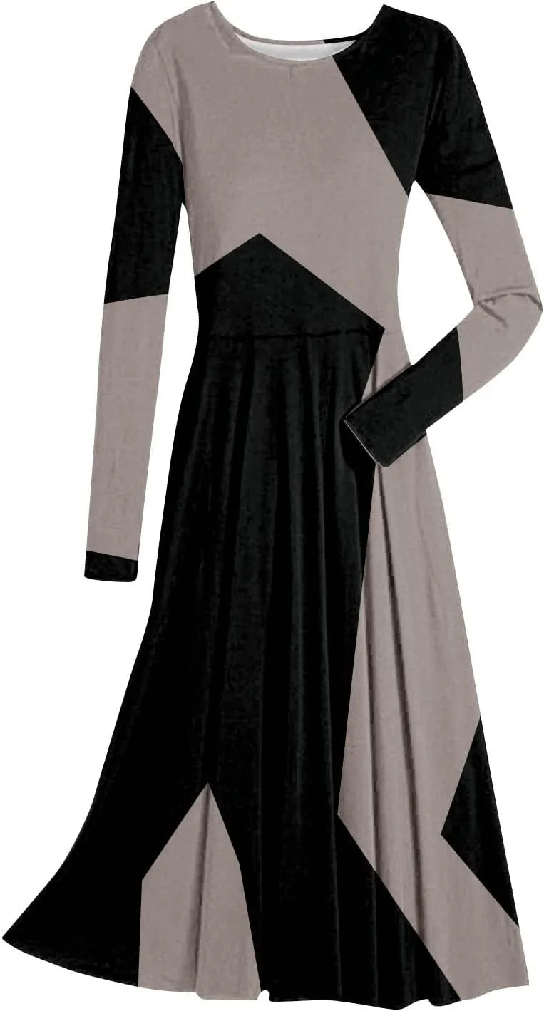 ADHOWBEW Spring Dresses for Women 2024 Fashion Elegant Long Sleeve Midi Dress