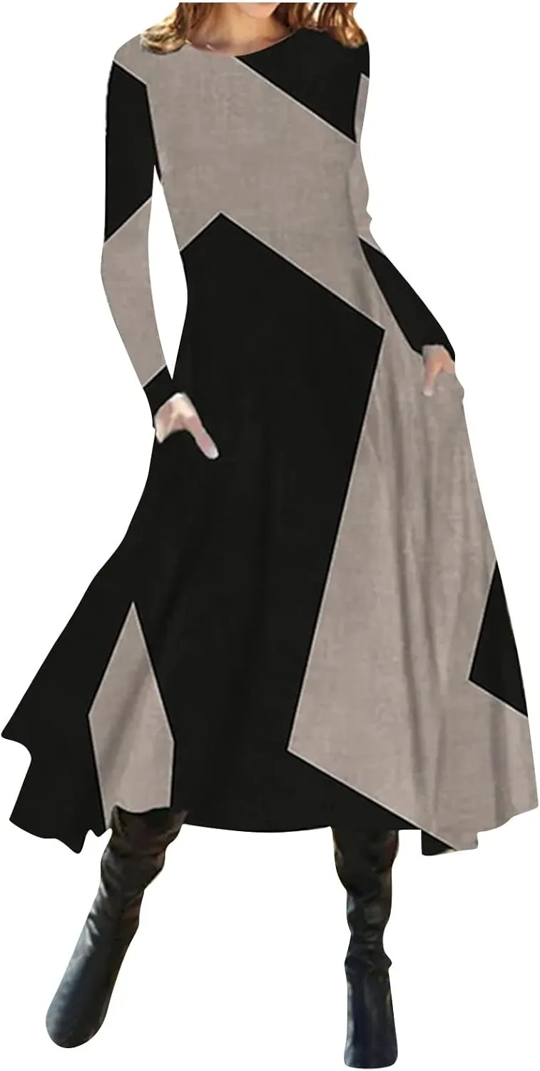 ADHOWBEW Spring Dresses for Women 2024 Fashion Elegant Long Sleeve Midi Dress