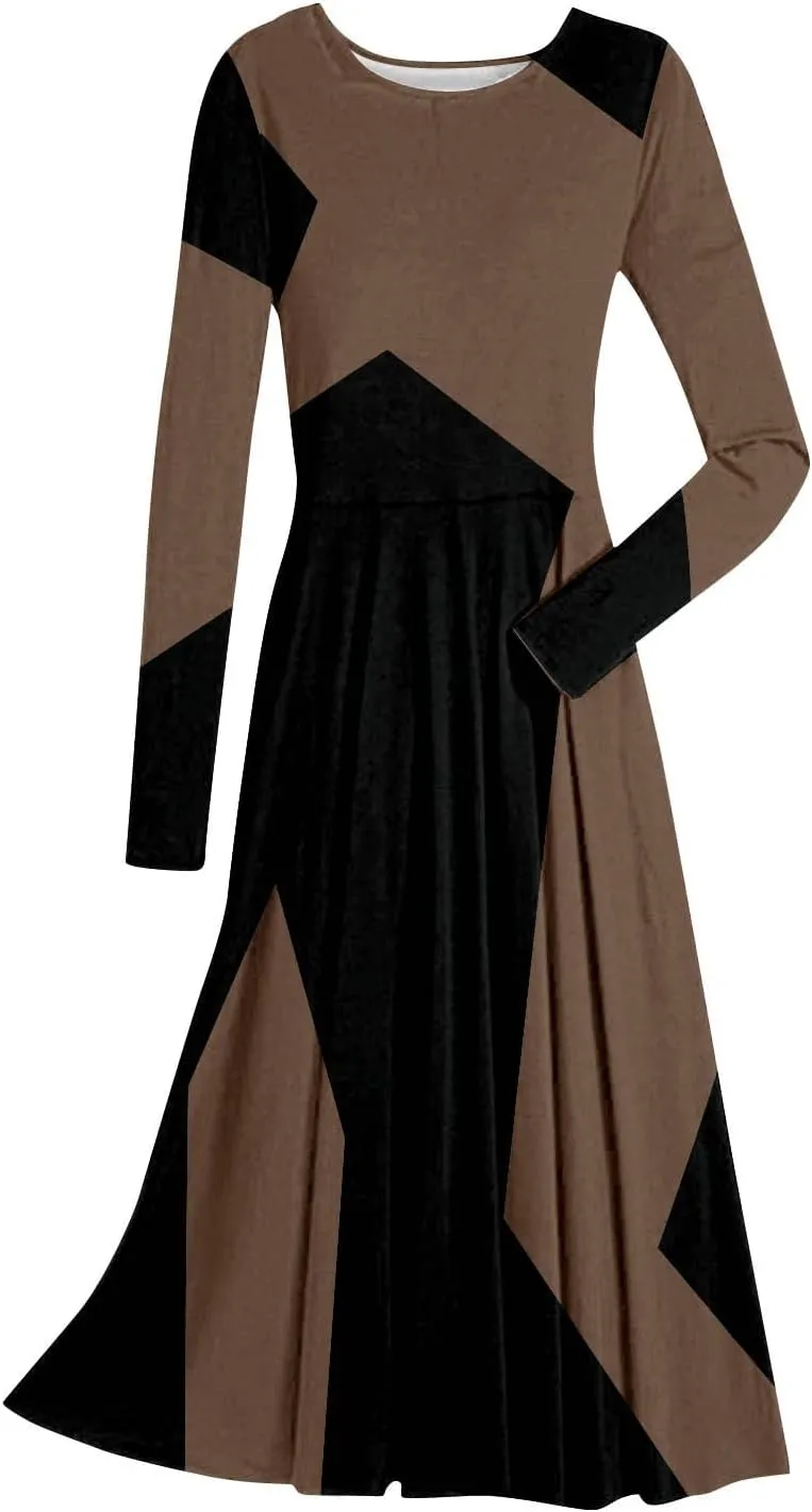ADHOWBEW Spring Dresses for Women 2024 Fashion Elegant Long Sleeve Midi Dress