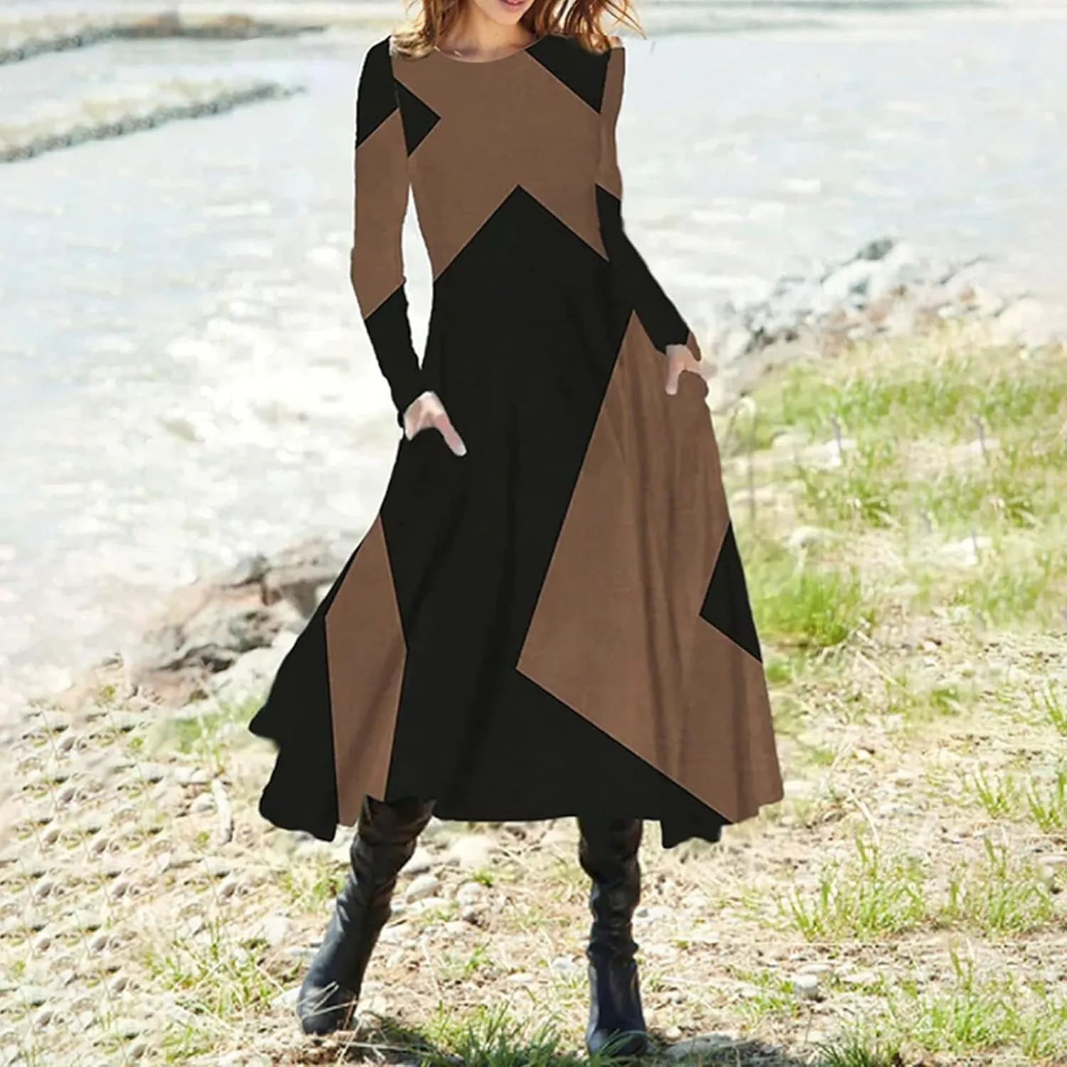 ADHOWBEW Spring Dresses for Women 2024 Fashion Elegant Long Sleeve Midi Dress