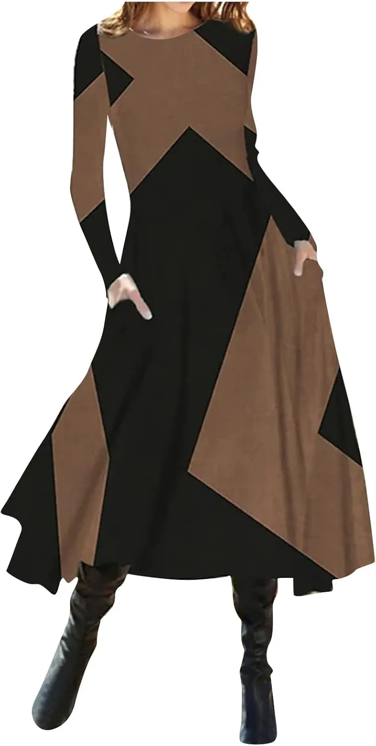 ADHOWBEW Spring Dresses for Women 2024 Fashion Elegant Long Sleeve Midi Dress