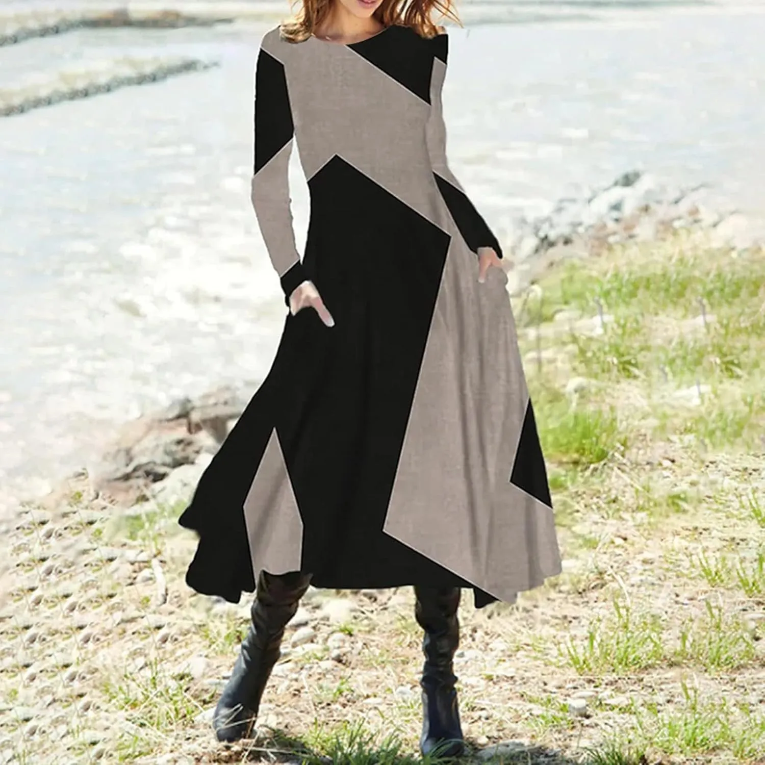 ADHOWBEW Spring Dresses for Women 2024 Fashion Elegant Long Sleeve Midi Dress