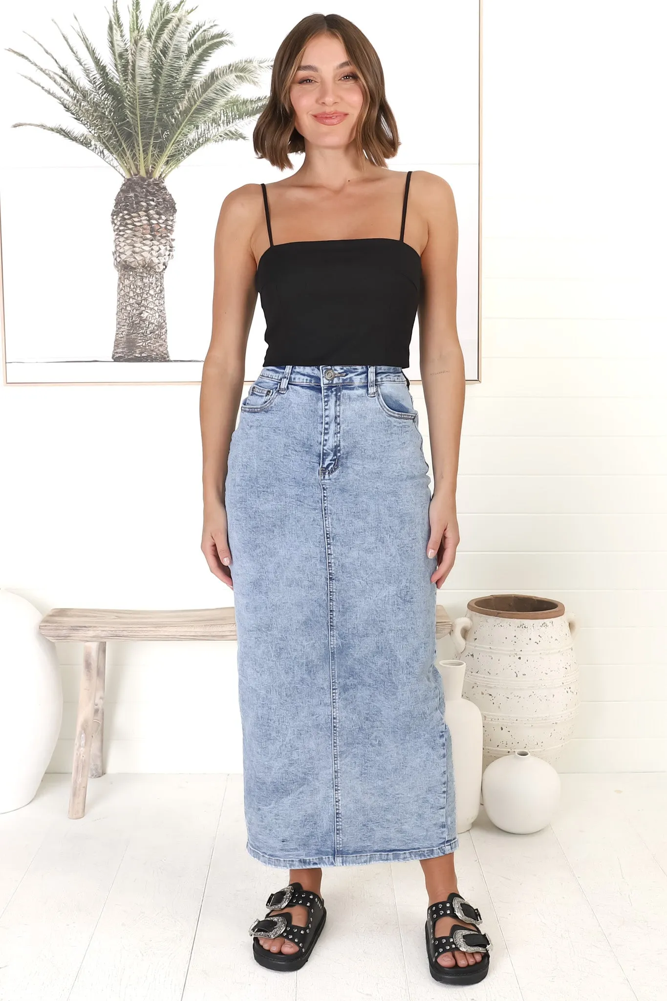 Amelie Denim Midi Skirt - Stretchy High Waisted Acid Wash Skirt with Back Split