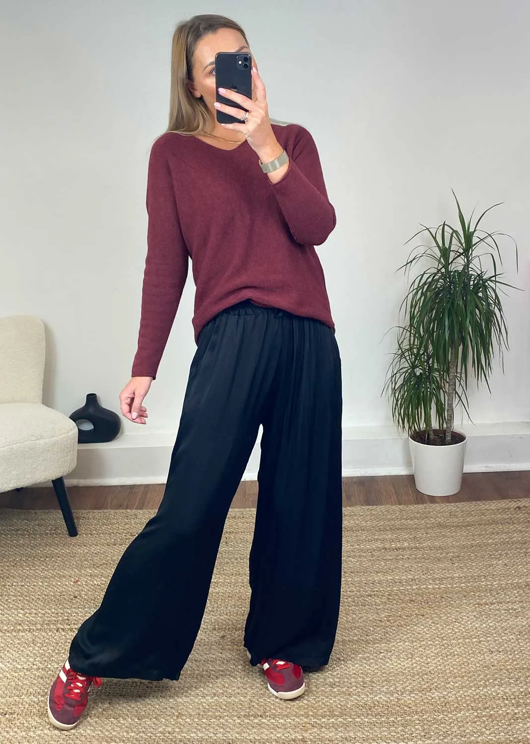 Brooke Silky Tie Waist Pants in Black