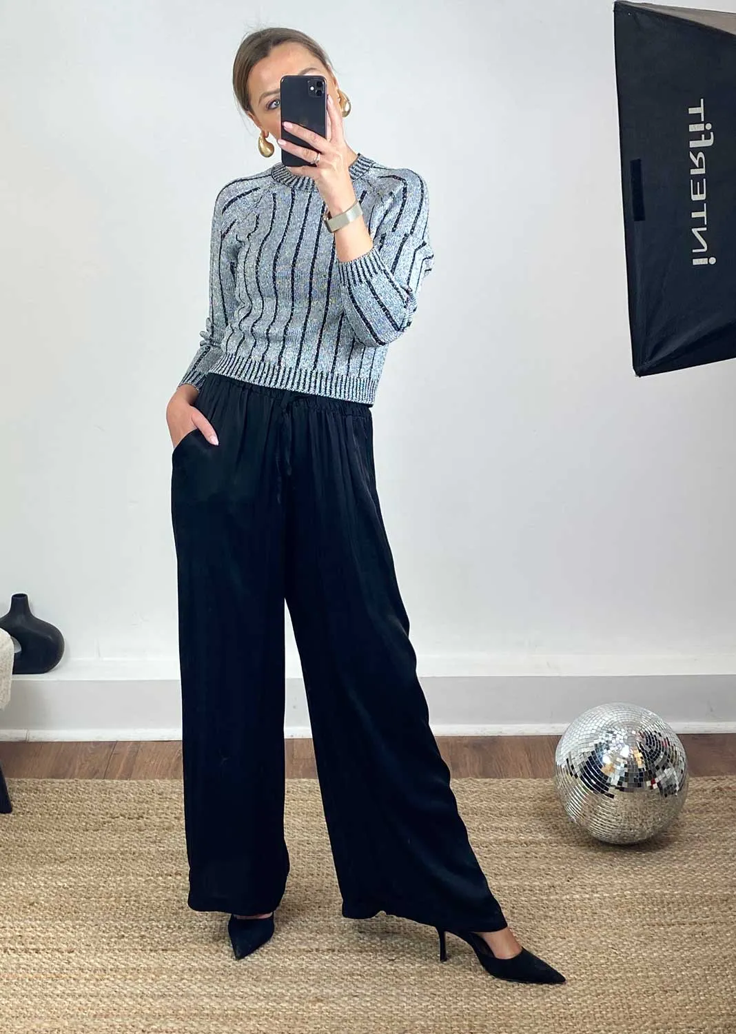 Brooke Silky Tie Waist Pants in Black