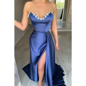 Chic & Modern Sweetheart Beaded Satin Long Prom Dress with Split