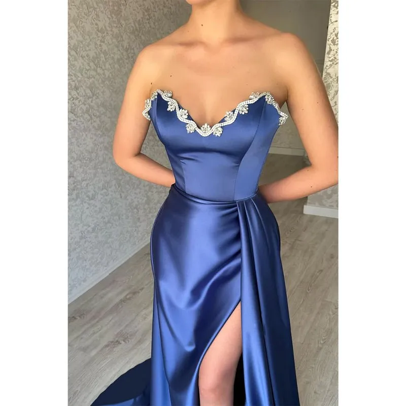 Chic & Modern Sweetheart Beaded Satin Long Prom Dress with Split
