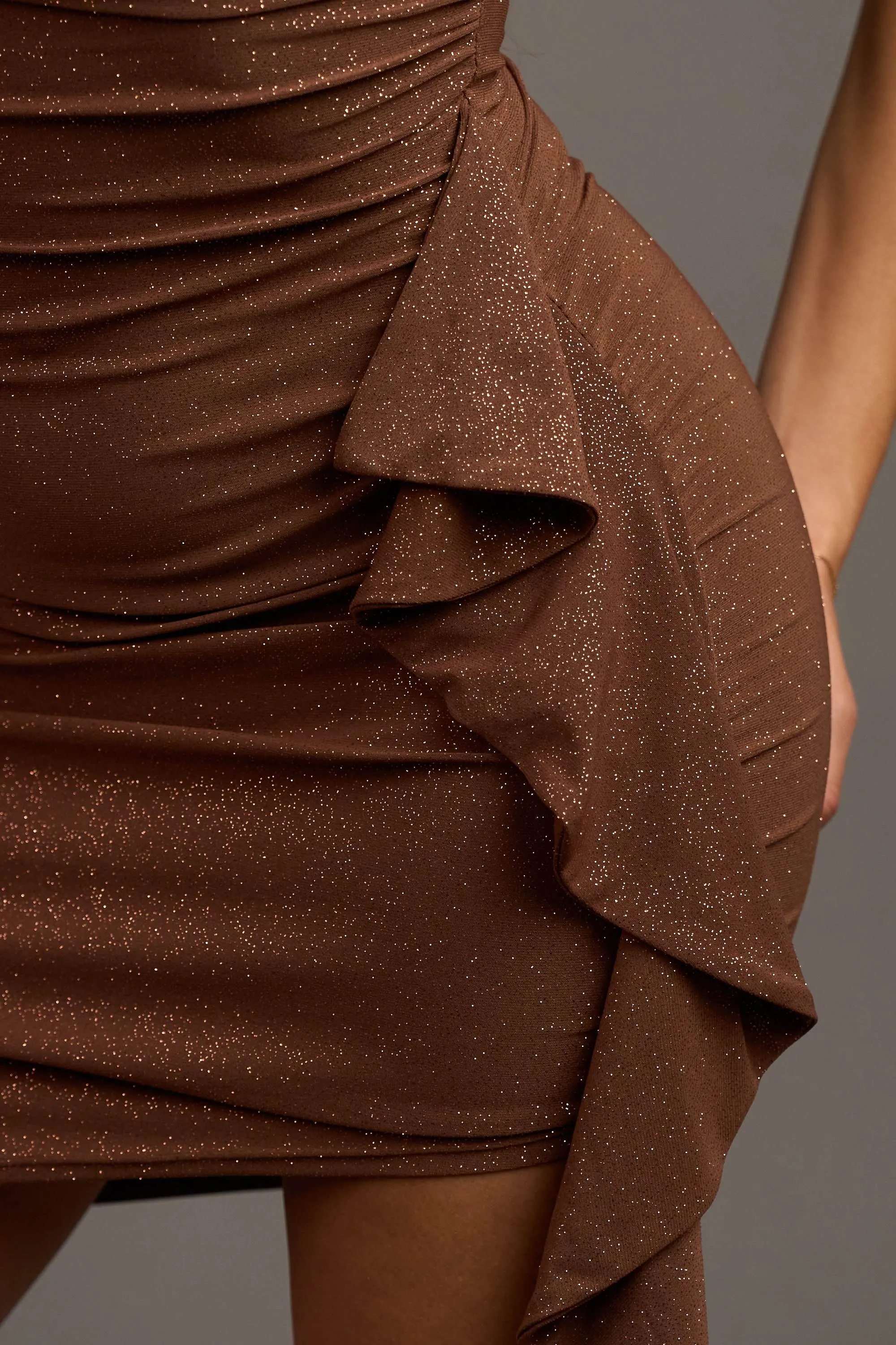 CHIC GLITTER ITY SIDE RUFFLED DRAPED MINI DRESS
