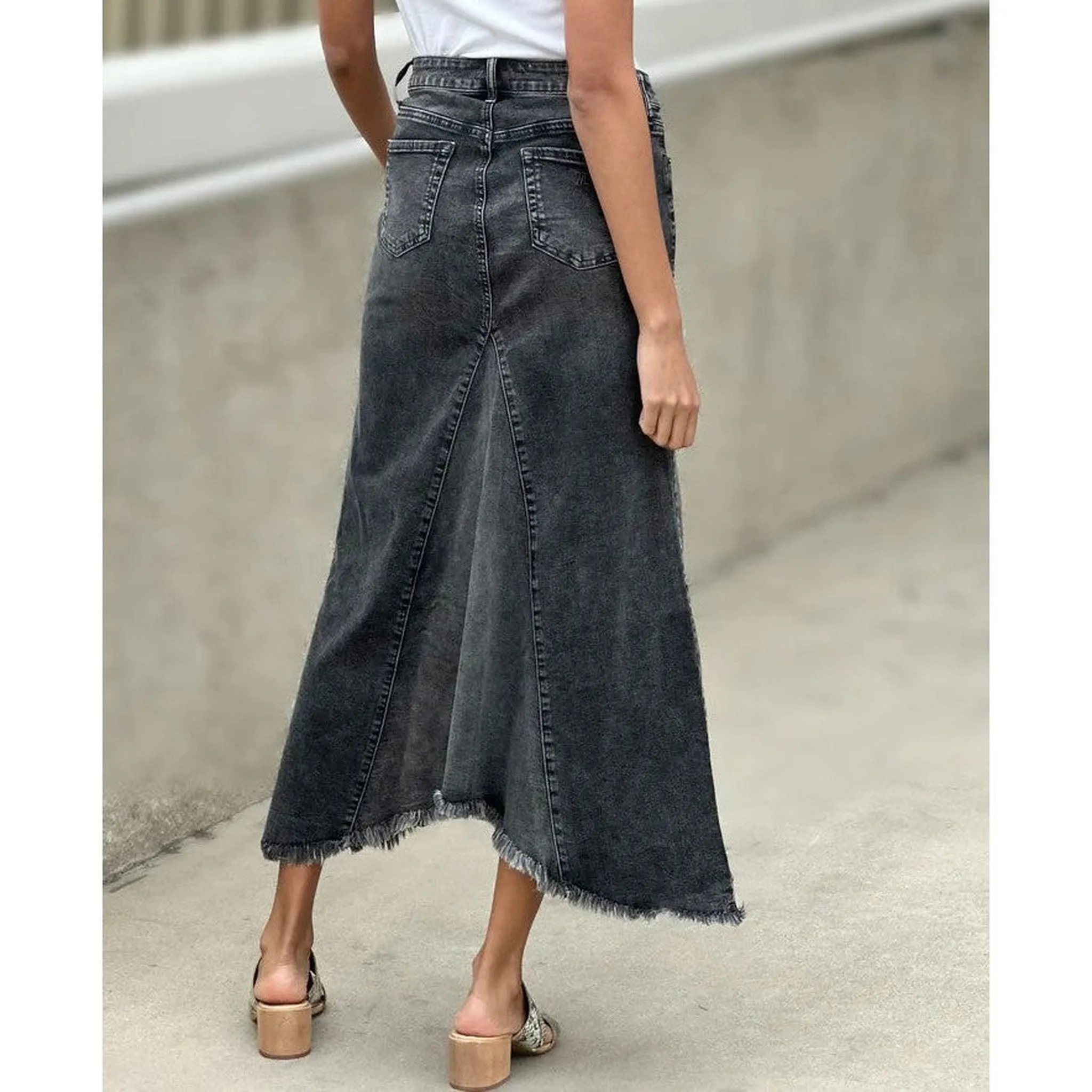 Classic Denim Midi Skirt - Black