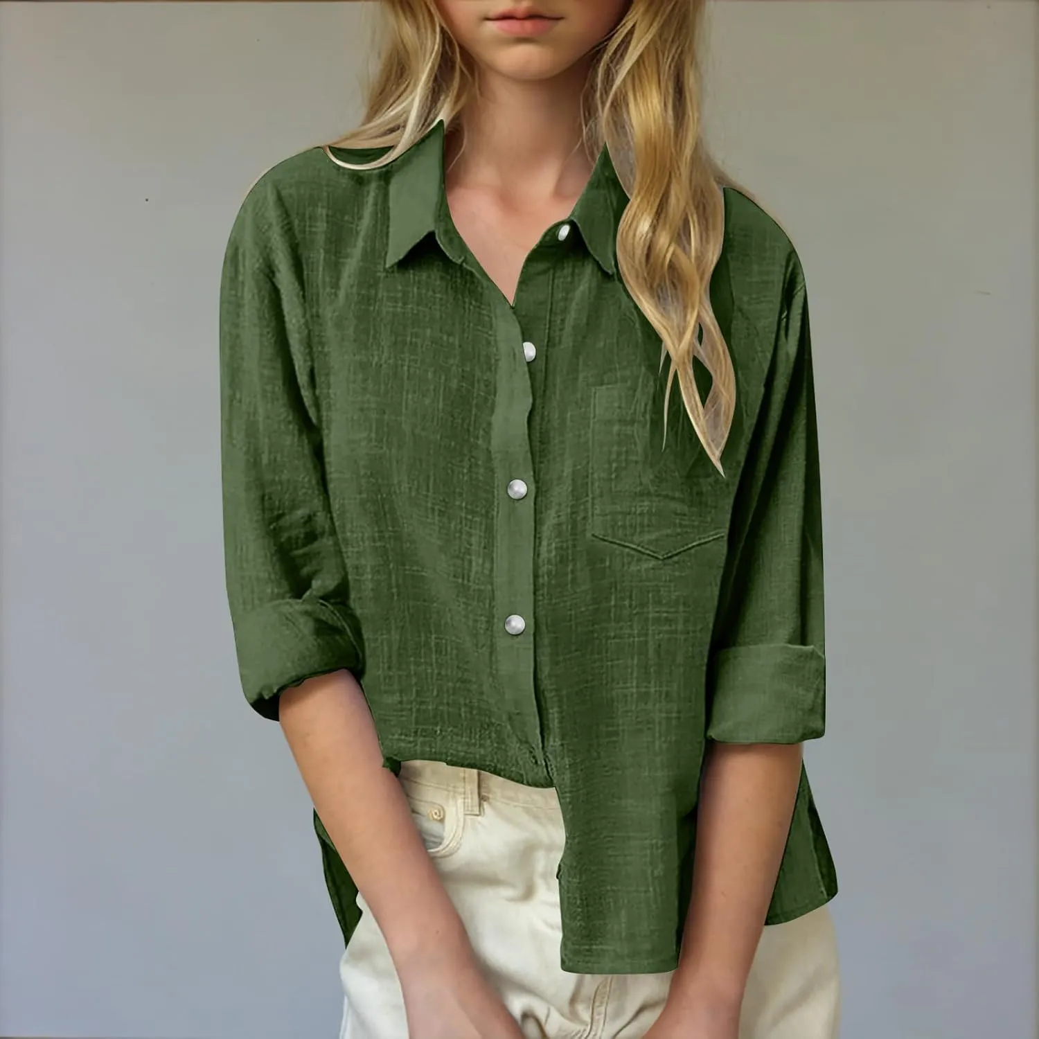Cotton Linen Shirts for Girls Summer Spring Holiday Tops Casual Loose Fit Breathable Button Down Roll Up Sleeve Shirt