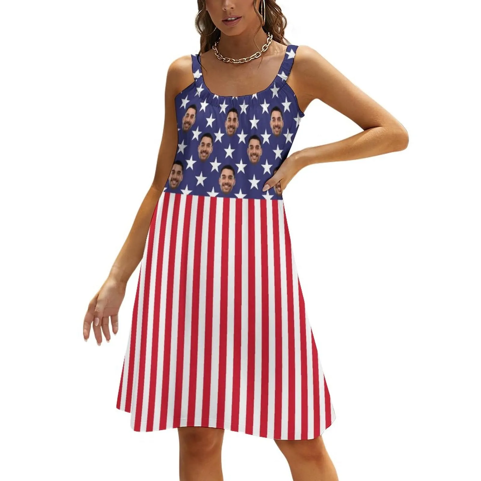 Custom Face American Flag Beach Sling Skirt Personalized Sundress Women's Dress Sundress