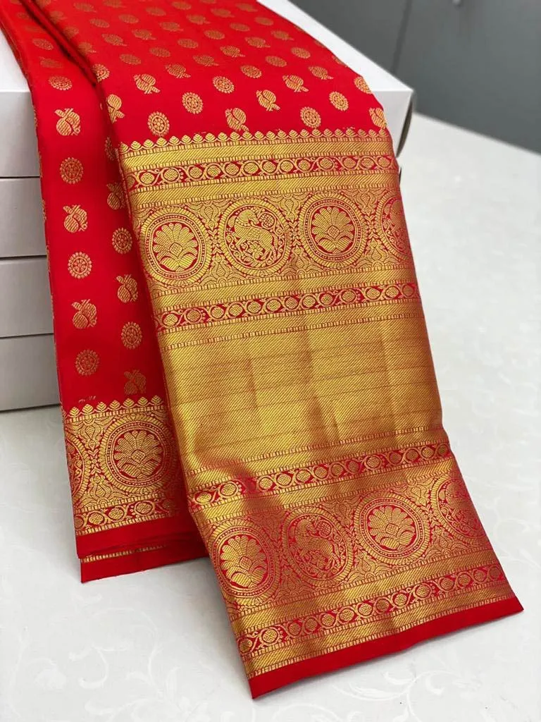 Demure Red Soft Silk Saree With Demesne Blouse Piece