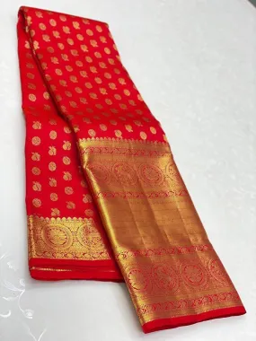 Demure Red Soft Silk Saree With Demesne Blouse Piece