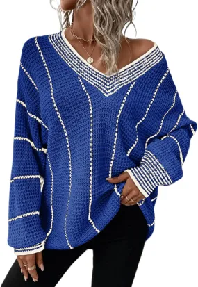 Dokotoo Womens Oversized Striped Tunic Sweaters Casual V Neck Long Sleeve Color Block Knit Pullover Jumper Tops