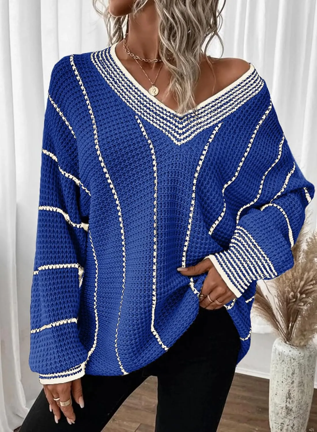 Dokotoo Womens Oversized Striped Tunic Sweaters Casual V Neck Long Sleeve Color Block Knit Pullover Jumper Tops