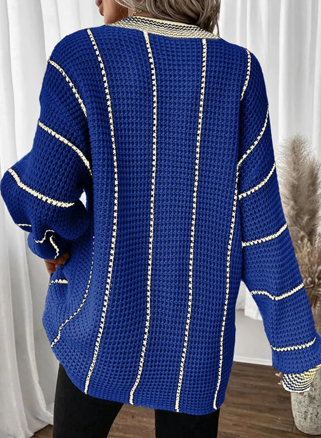 Dokotoo Womens Oversized Striped Tunic Sweaters Casual V Neck Long Sleeve Color Block Knit Pullover Jumper Tops