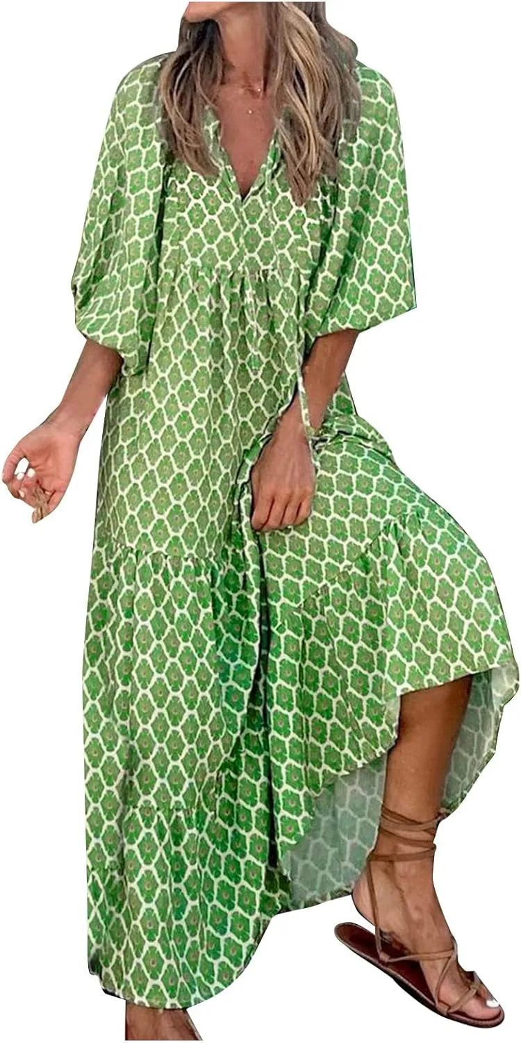 Easter Dresses for Women Geometric Print Neckline Lace-up Middle-Sleeves Dresses Casual Elegant Dress