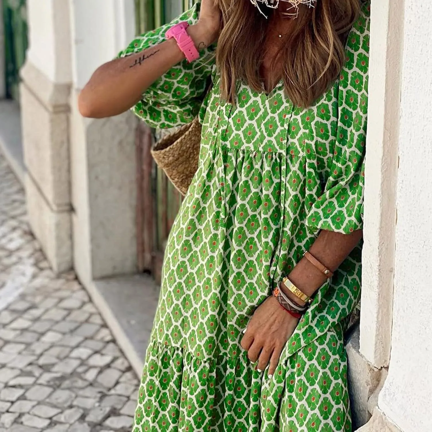Easter Dresses for Women Geometric Print Neckline Lace-up Middle-Sleeves Dresses Casual Elegant Dress