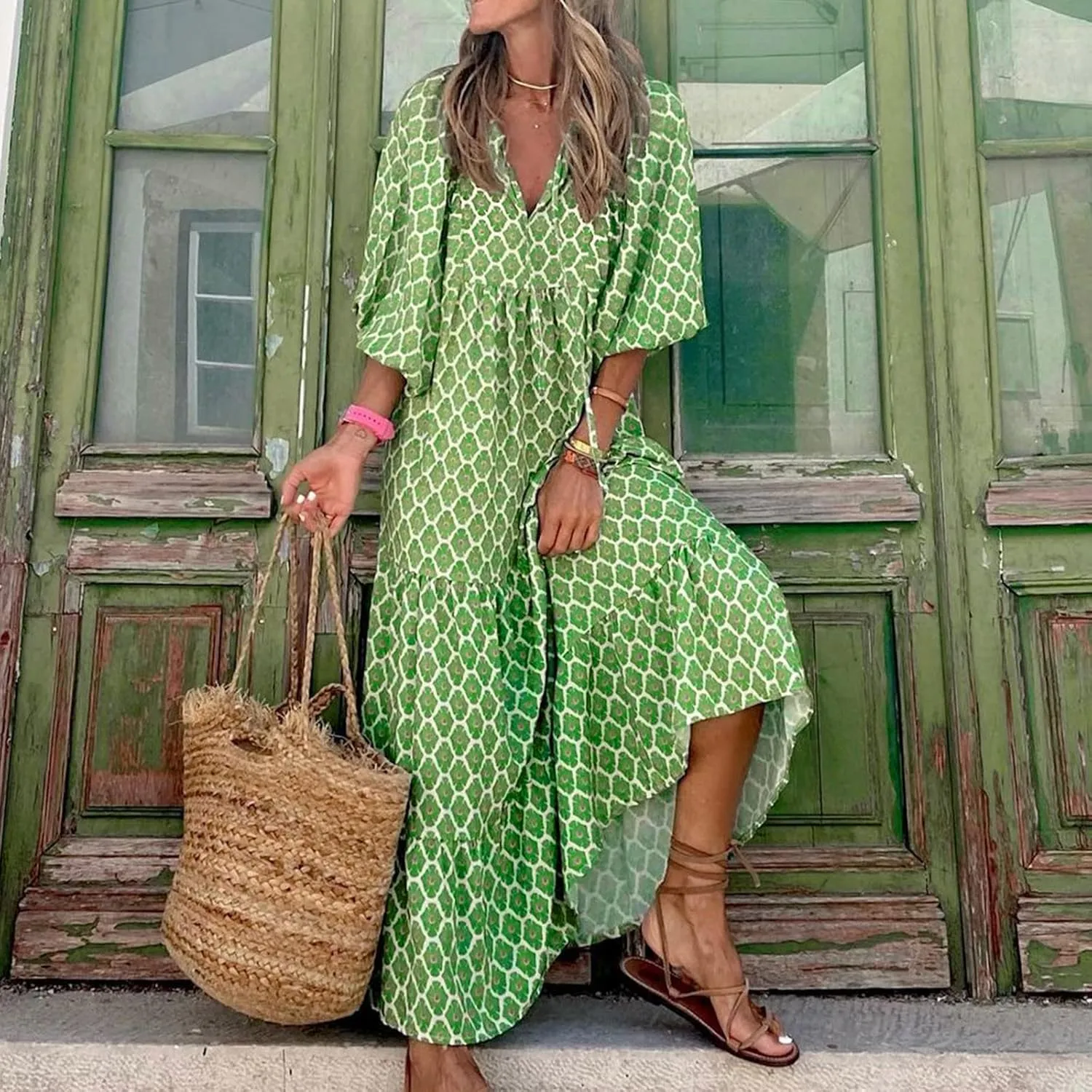Easter Dresses for Women Geometric Print Neckline Lace-up Middle-Sleeves Dresses Casual Elegant Dress