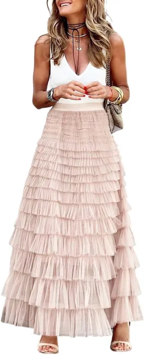 ebossy Women's Ruffled Tiered Tutu Tulle Skirt Stretchy A-line Prom Party Long Skirt
