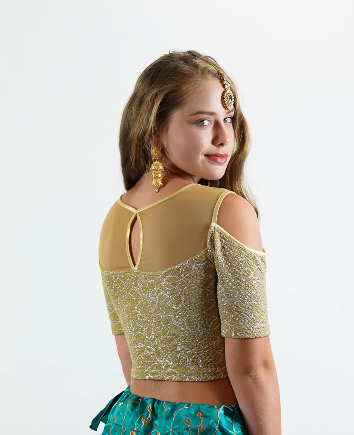 Elegant Laguna Gold Stretchy Crop Top With Cold Cut Shoulder