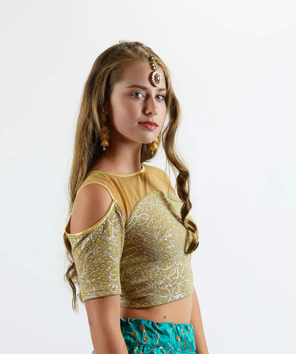 Elegant Laguna Gold Stretchy Crop Top With Cold Cut Shoulder