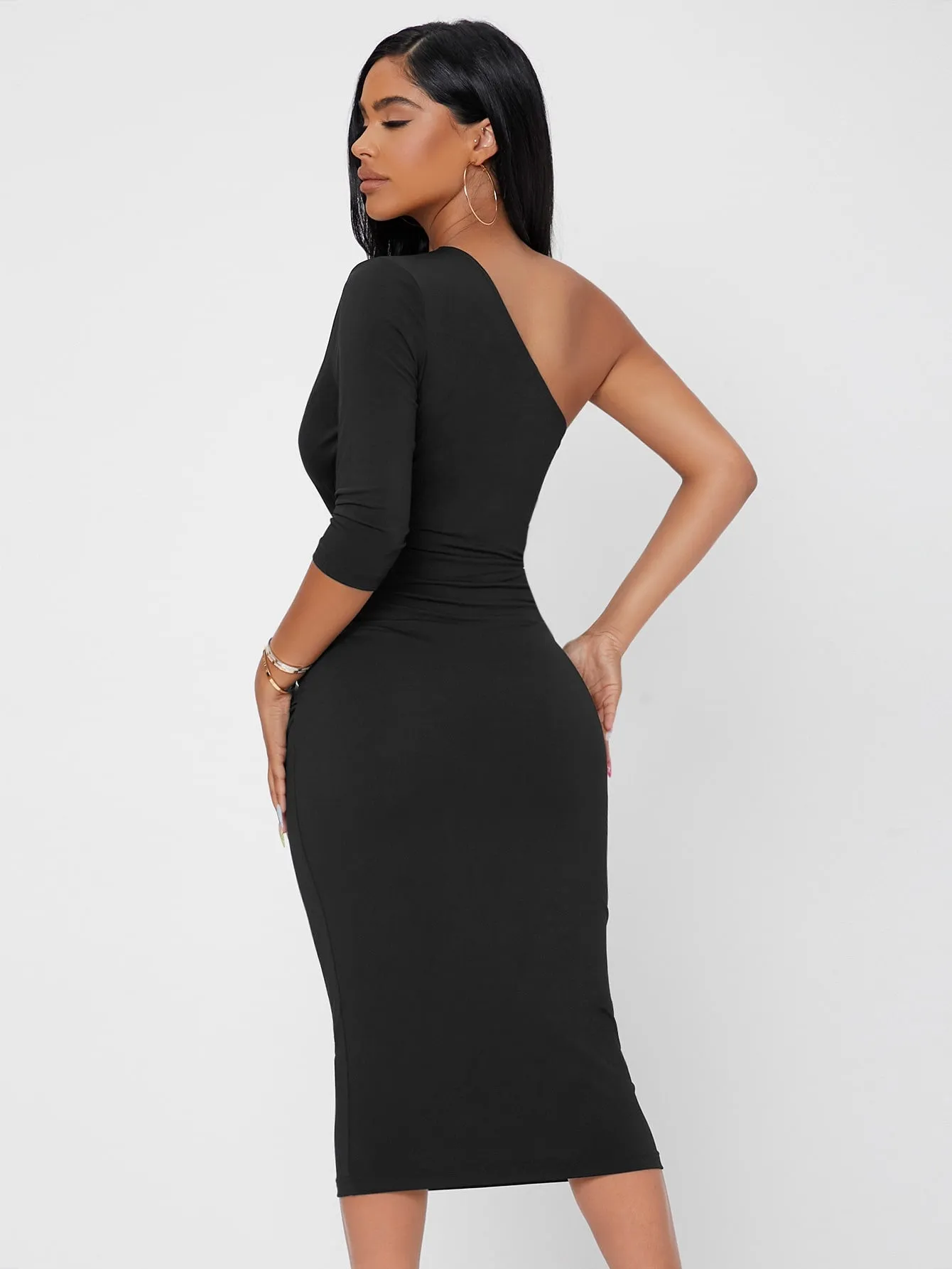 Elegant Plain Ruched Three Quarter Length Sleeve One Shoulder Pencil Natural Long Dress