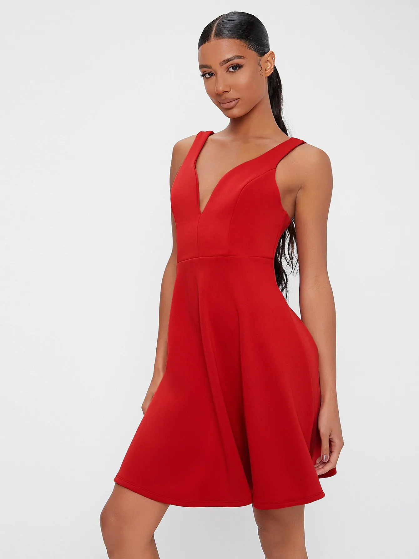 Elegant Plain Sleeveless V Neck Flared High Waist Short Dress