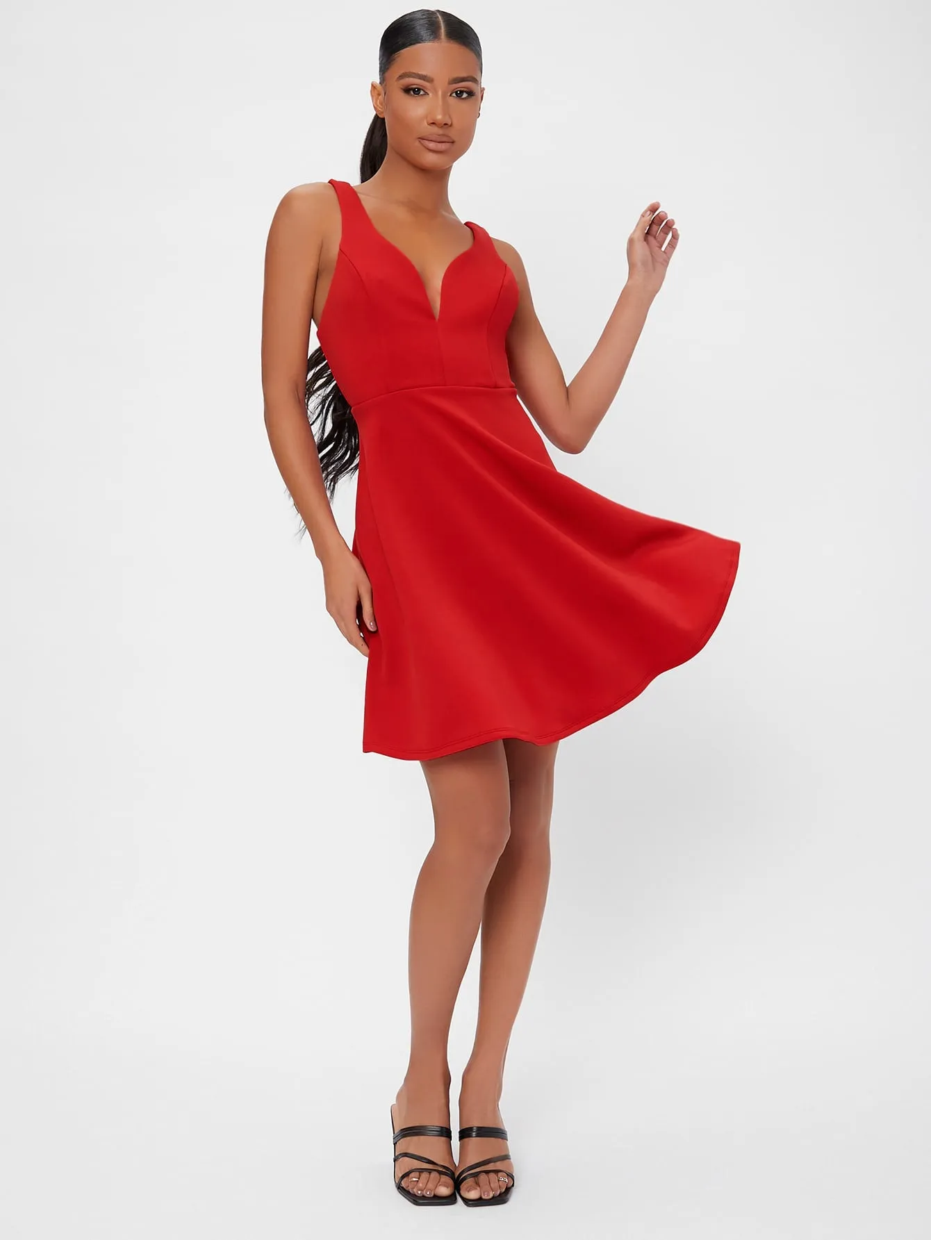 Elegant Plain Sleeveless V Neck Flared High Waist Short Dress