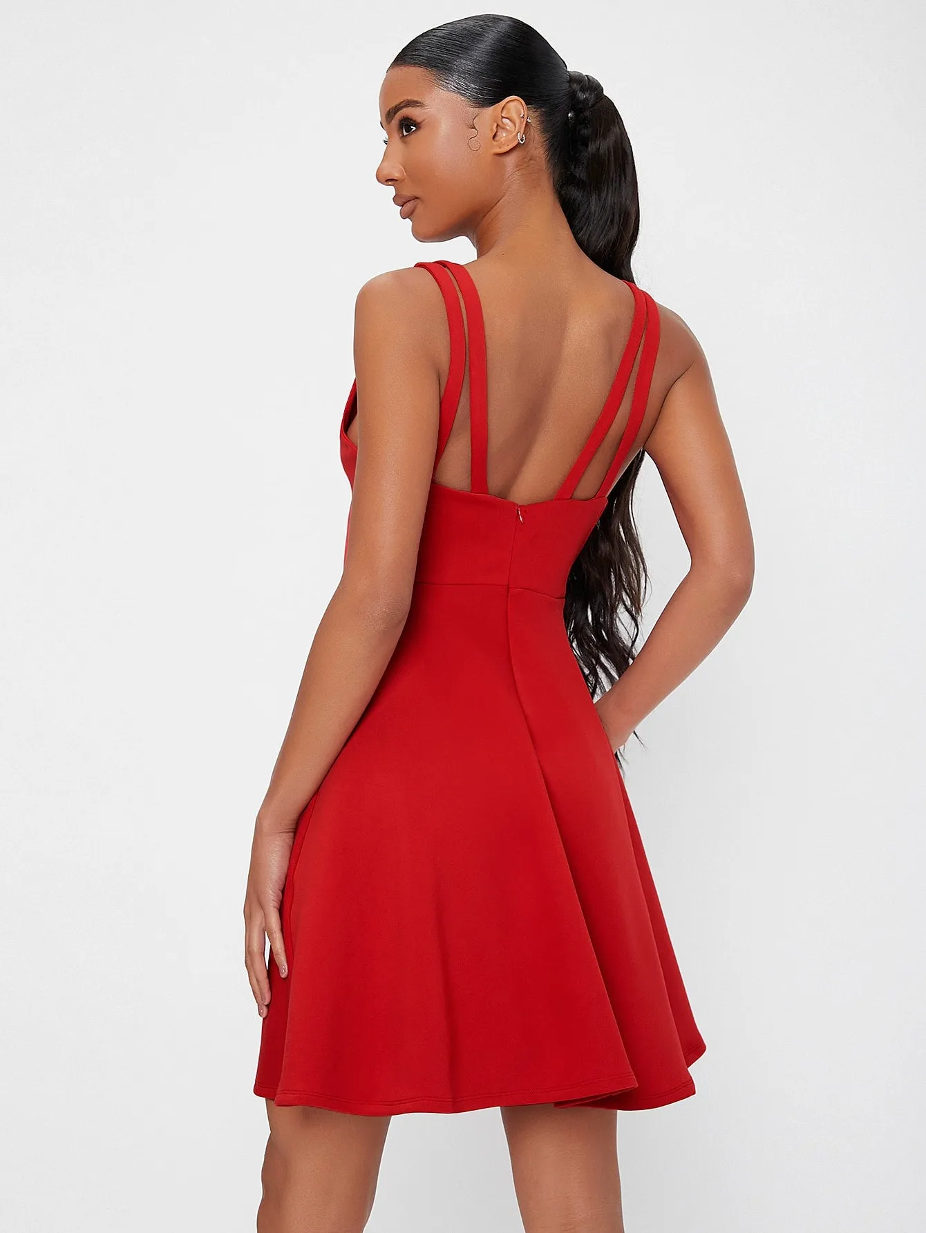 Elegant Plain Sleeveless V Neck Flared High Waist Short Dress