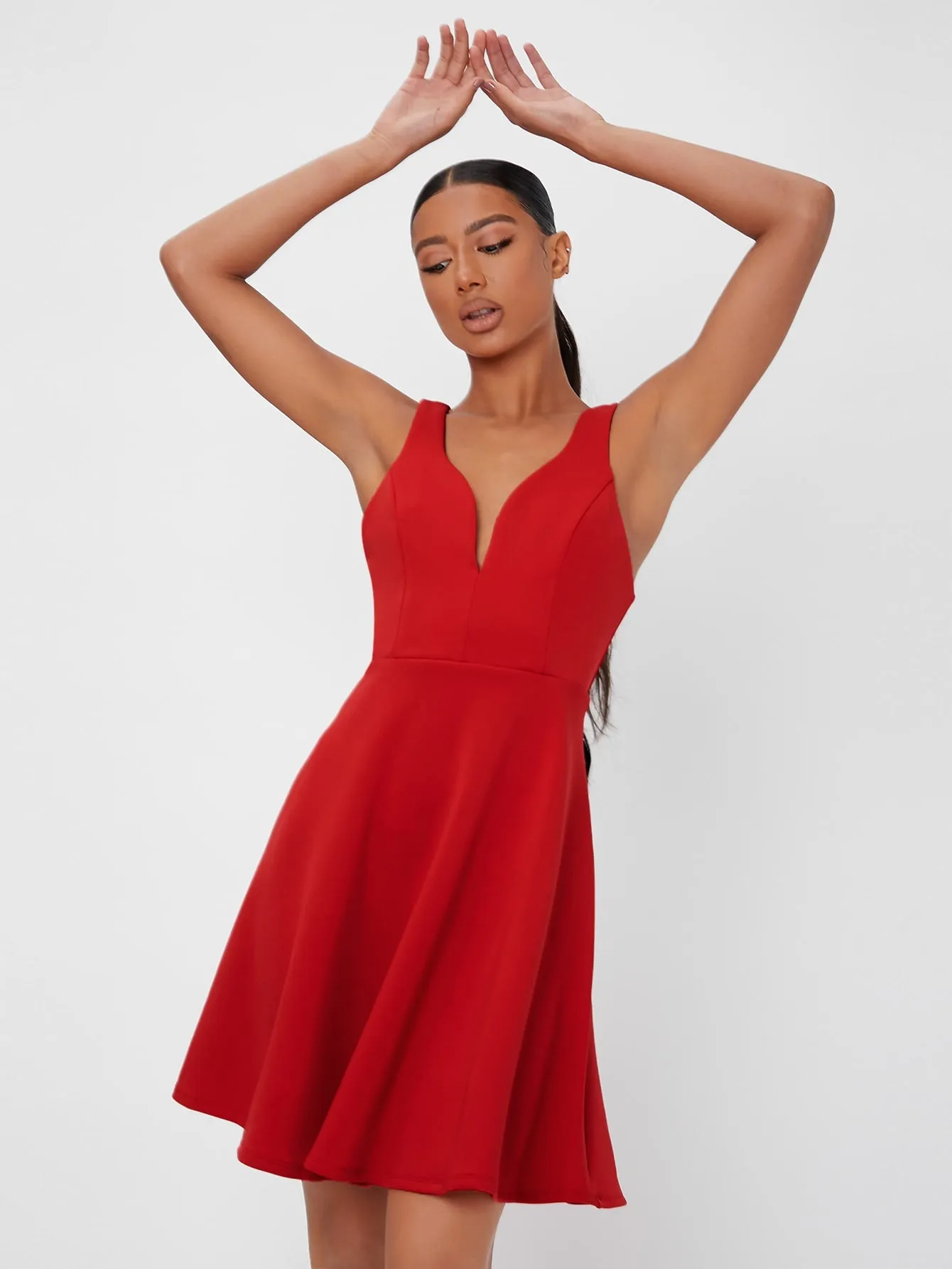 Elegant Plain Sleeveless V Neck Flared High Waist Short Dress