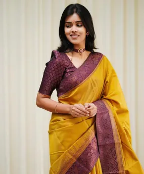 Elegant Yellow Soft Silk Saree With Flattering Blouse Piece