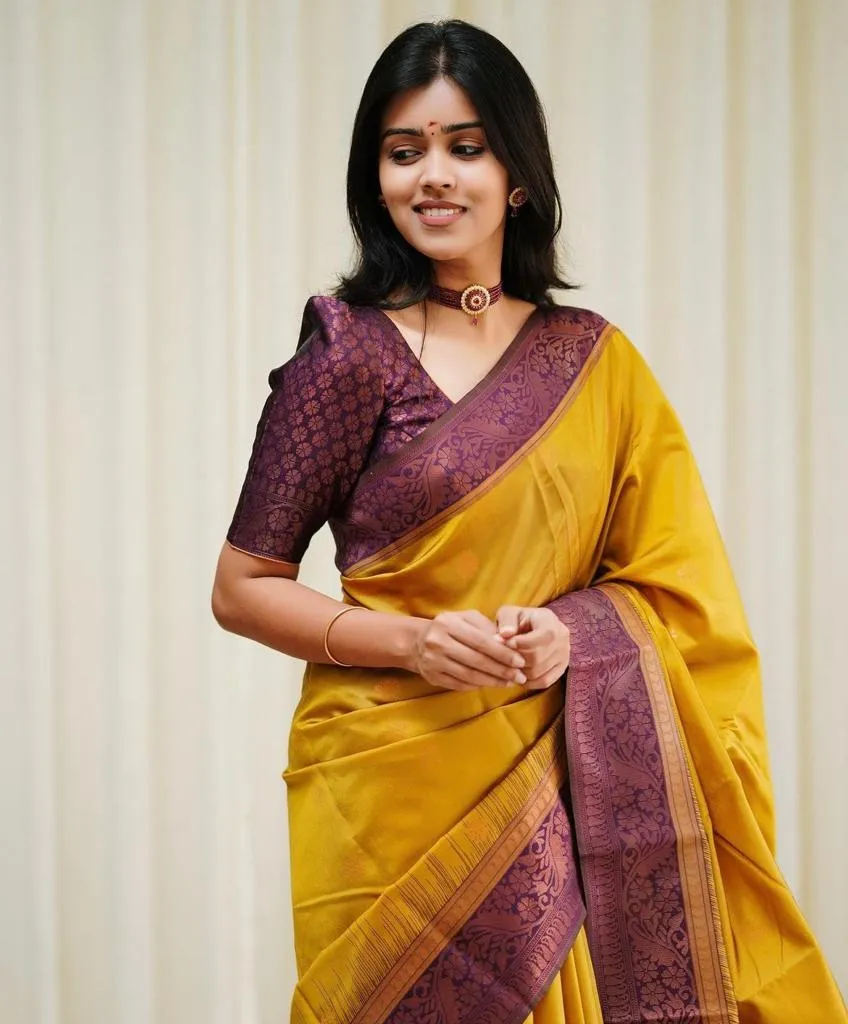 Elegant Yellow Soft Silk Saree With Flattering Blouse Piece