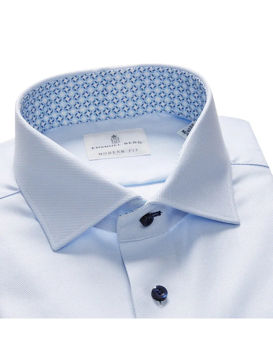 Emanuel Berg Modern Fit Dress Shirt in Powder Blue Textured Twill with Navy Buttons