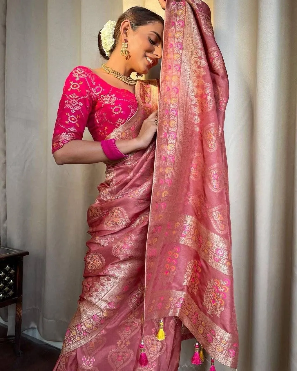 Energetic Peach Soft Silk Saree With Intricate Blouse Piece