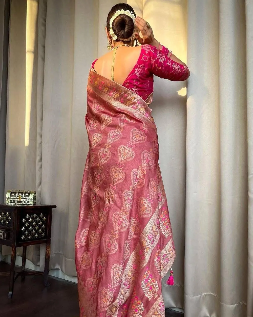 Energetic Peach Soft Silk Saree With Intricate Blouse Piece