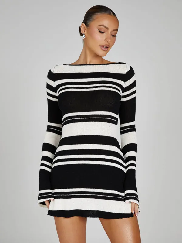 Eva Women's Bell Sleeves Backless Striped Slim Casual Knitted Dress