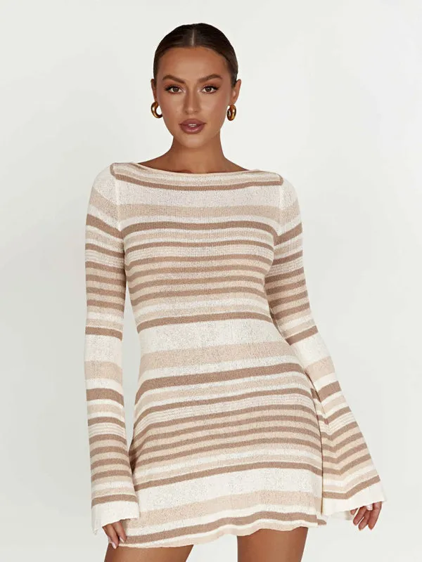 Eva Women's Bell Sleeves Backless Striped Slim Casual Knitted Dress