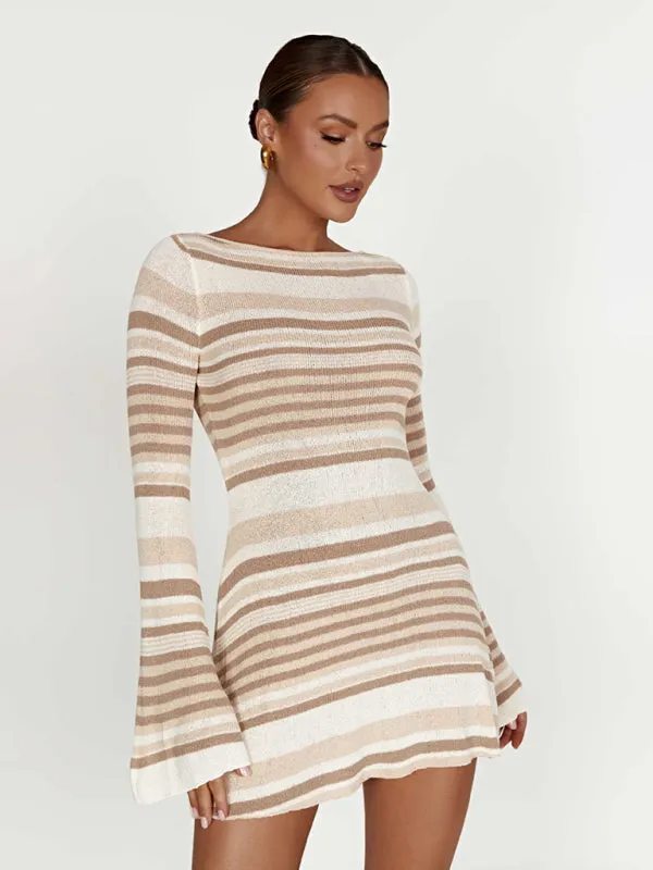 Eva Women's Bell Sleeves Backless Striped Slim Casual Knitted Dress