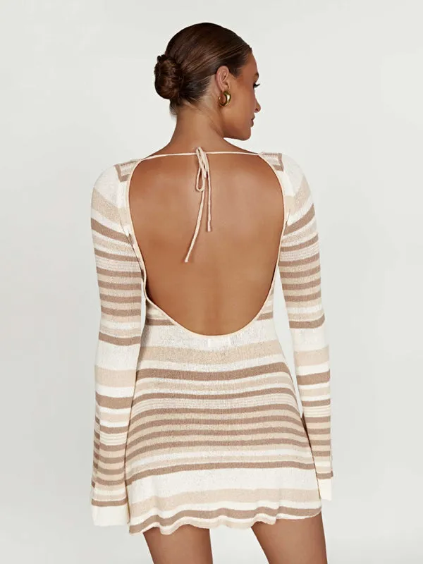 Eva Women's Bell Sleeves Backless Striped Slim Casual Knitted Dress