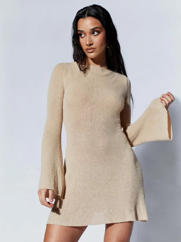 Eva Women's Bell Sleeves Backless Striped Slim Casual Knitted Dress