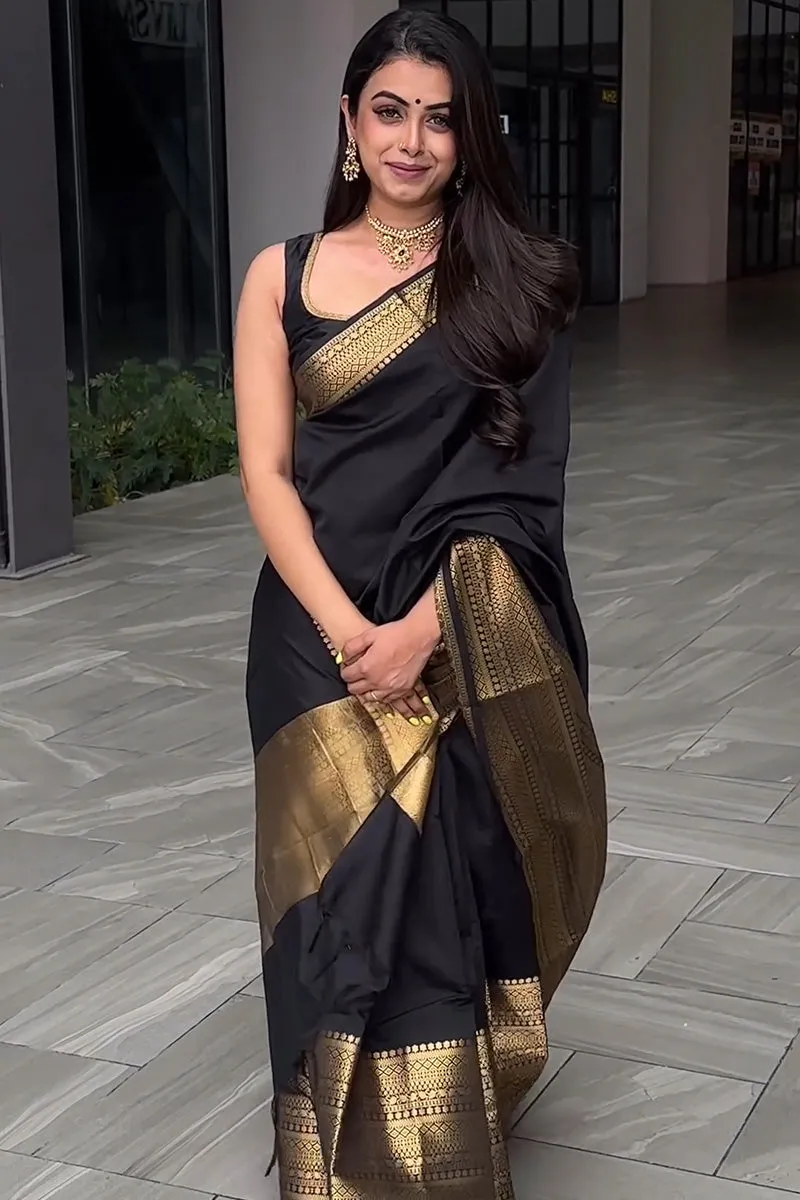 Evanescent Black Soft Silk Saree With Imbrication Blouse Piece