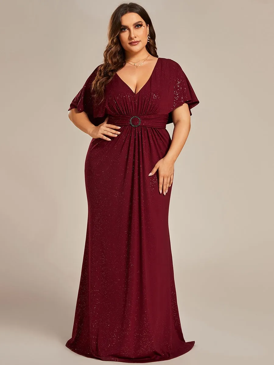 Evening Deep V Neck Pleated With Belt Dress