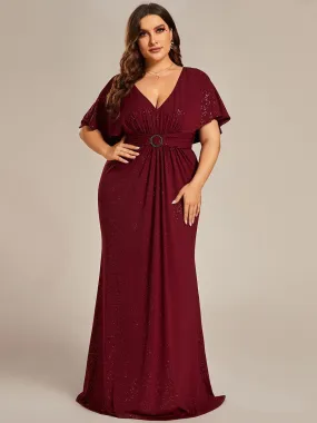 Evening Deep V Neck Pleated With Belt Dress