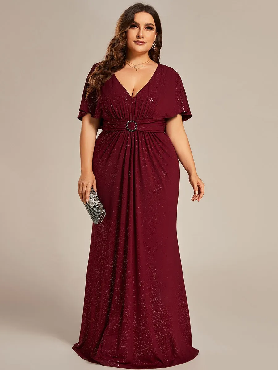 Evening Deep V Neck Pleated With Belt Dress