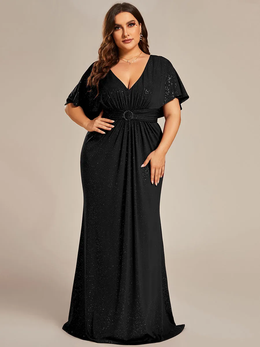 Evening Deep V Neck Pleated With Belt Dress