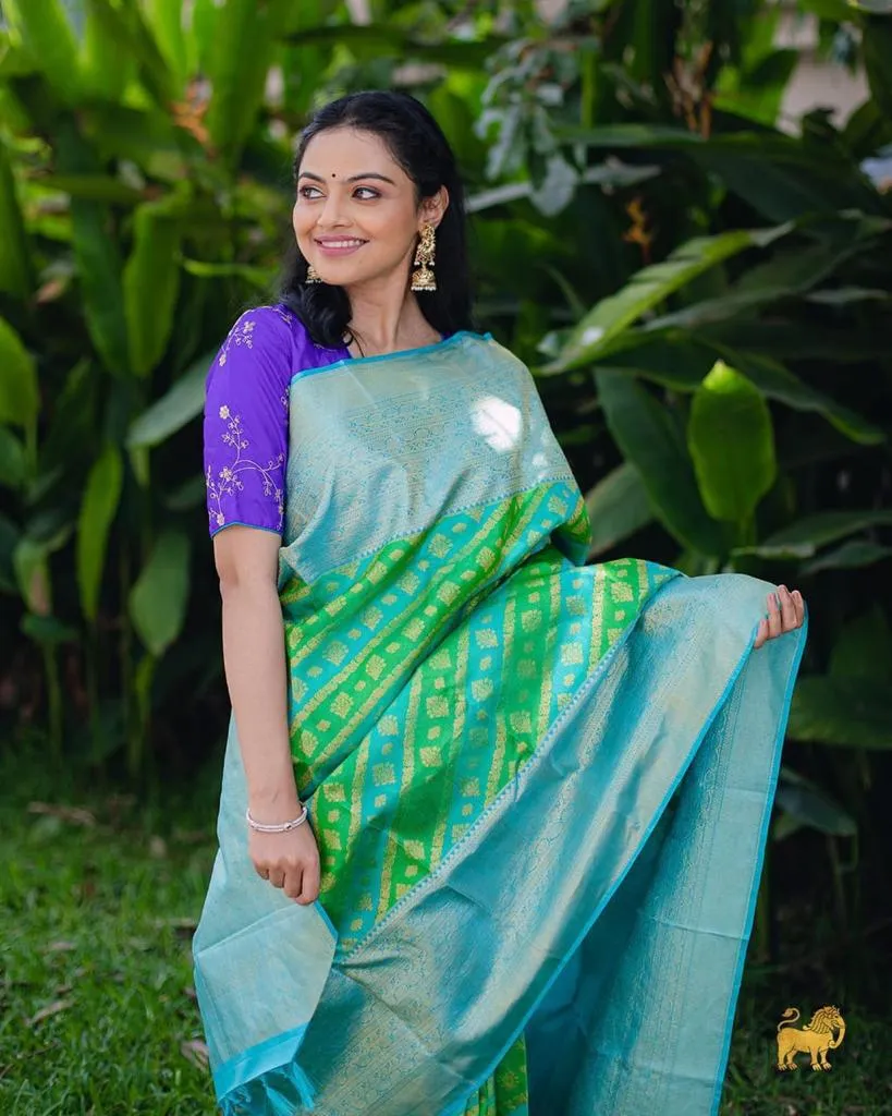 Fantabulous Parrot Soft Silk Saree With Tempting Blouse Piece