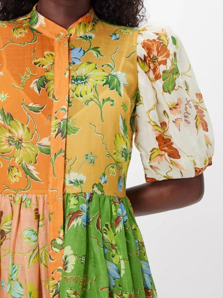 Floral Printed Bubble Sleeve Linen Dress