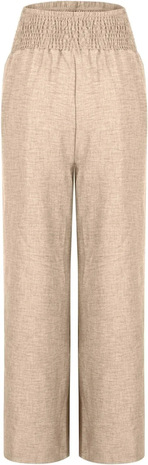 FZYLQY Smocked Waist Wide Leg Trousers for Women Lightweight Loose Fit Straight Pants with Pockets Chic Look 2025 Fashion