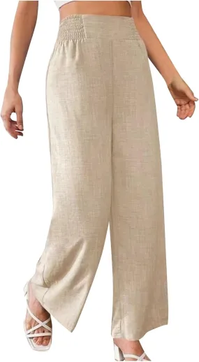 FZYLQY Smocked Waist Wide Leg Trousers for Women Lightweight Loose Fit Straight Pants with Pockets Chic Look 2025 Fashion